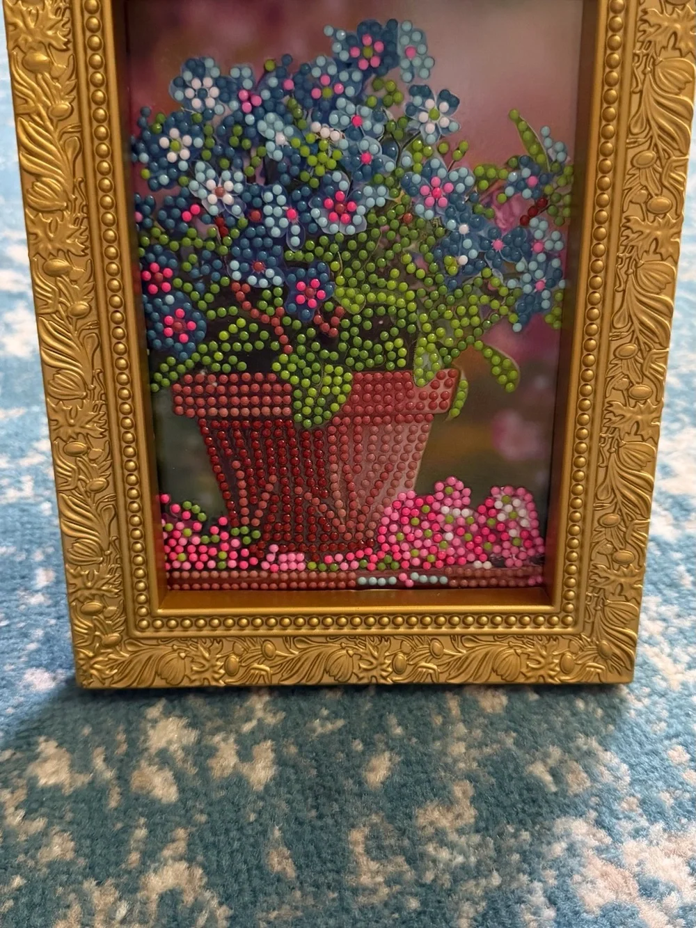 Beaded Flower Pot Art in Gold Frame - Blue, Pink & Green
